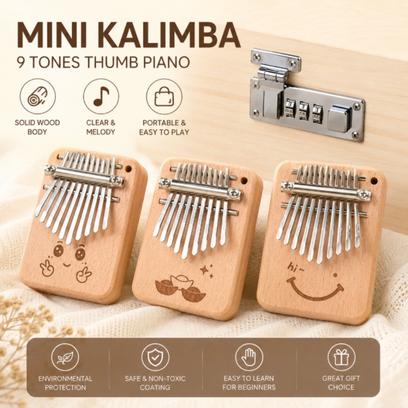 Kalimba De Madeira Maciça De Mini Piano De Polegar De 9 Teclas , Instrumento Musical Portátil De Dedo Para Iniciantes
