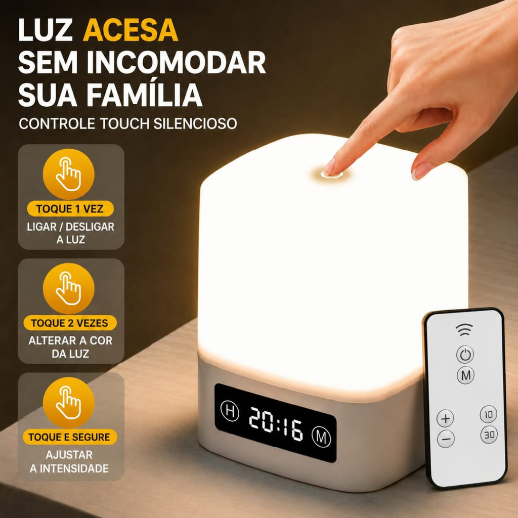 Abajur Luminária De Mesa Led Touch 3 Modos de Cor Com Controle Remoto