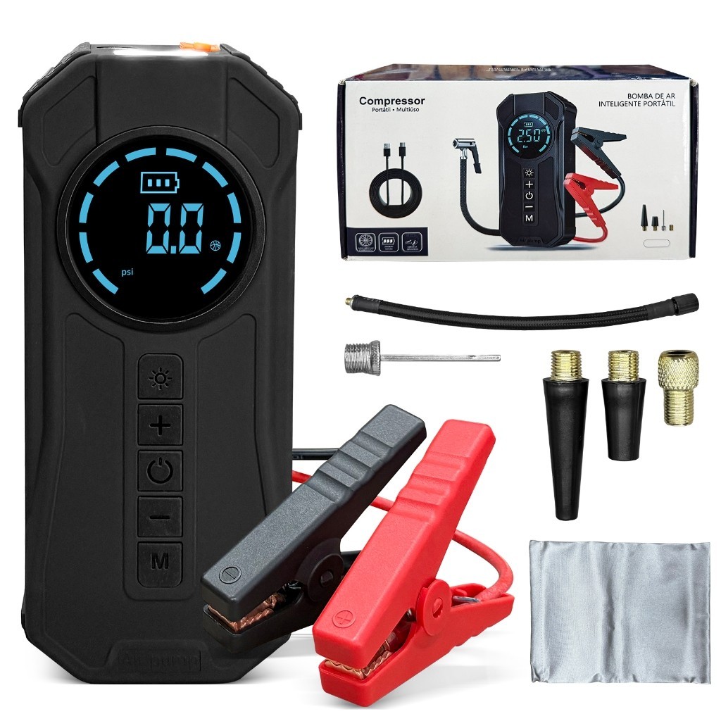 Compressor de Ar Portátil 2 em 1 com Arrancador de Bateria de Carro | Inflador Digital para Pneus + Lanterna LED