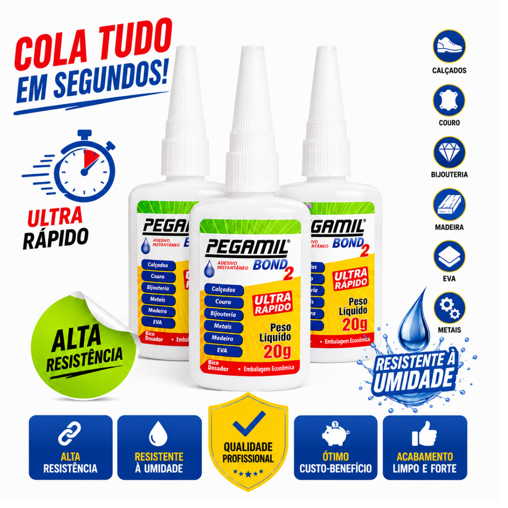 Kit 3 Cola Instantânea Pegamil Bond 20g Ultra Rápida Couro Madeira EVA Metal