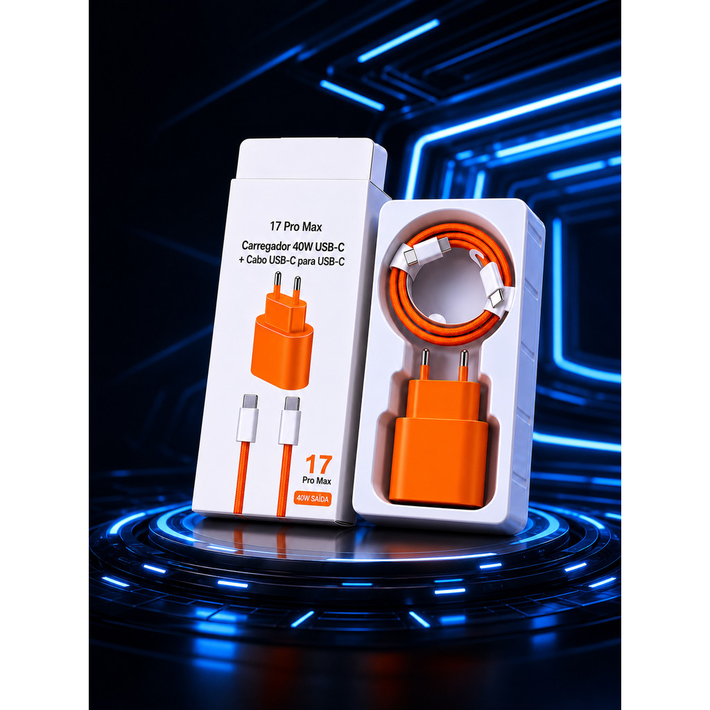 Carregador turbo 40W para iPhone com cabo USB-C incluso. Ideal para quem quer carregar mais rápido no dia a dia.