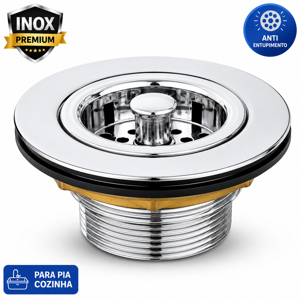 Válvula Americana Cozinha Metal Premium Pia 3.1/2 Inox + NF