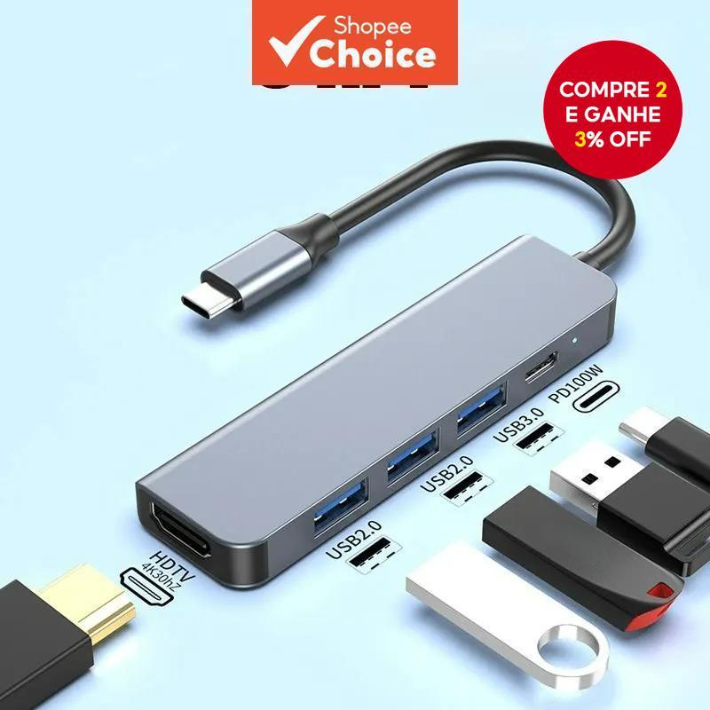 Hub USB-C 5 Portas Adaptador HDMI USB 3.0 2.0 PD Divisor Multifuncional para MacBook e Laptop