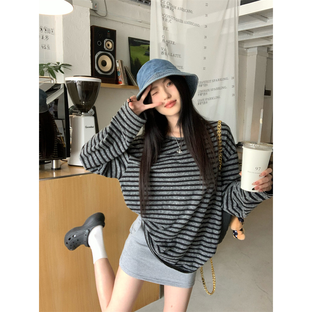 PPHOME Preguiçoso Solto Listrado Manga Comprida Camiseta Feminina Outono Estilo Coreano Camisa de Fundo Casual Solto Em 