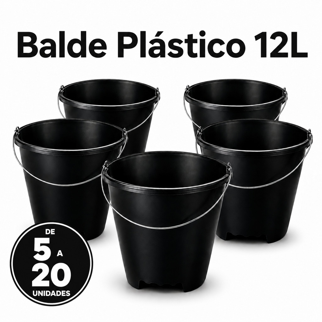 Balde Preto 12L Plástico Reforçado com Alça de Ferro Limpeza Pesada Obra Uso Profissional Forte