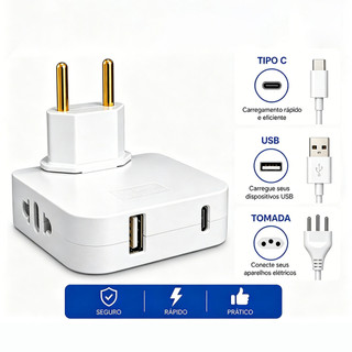 ⚡ Adaptador Tomada 180° Articulado Bivolt | 2 Tomadas + USB + Tipo C 2500W Resistente ABS