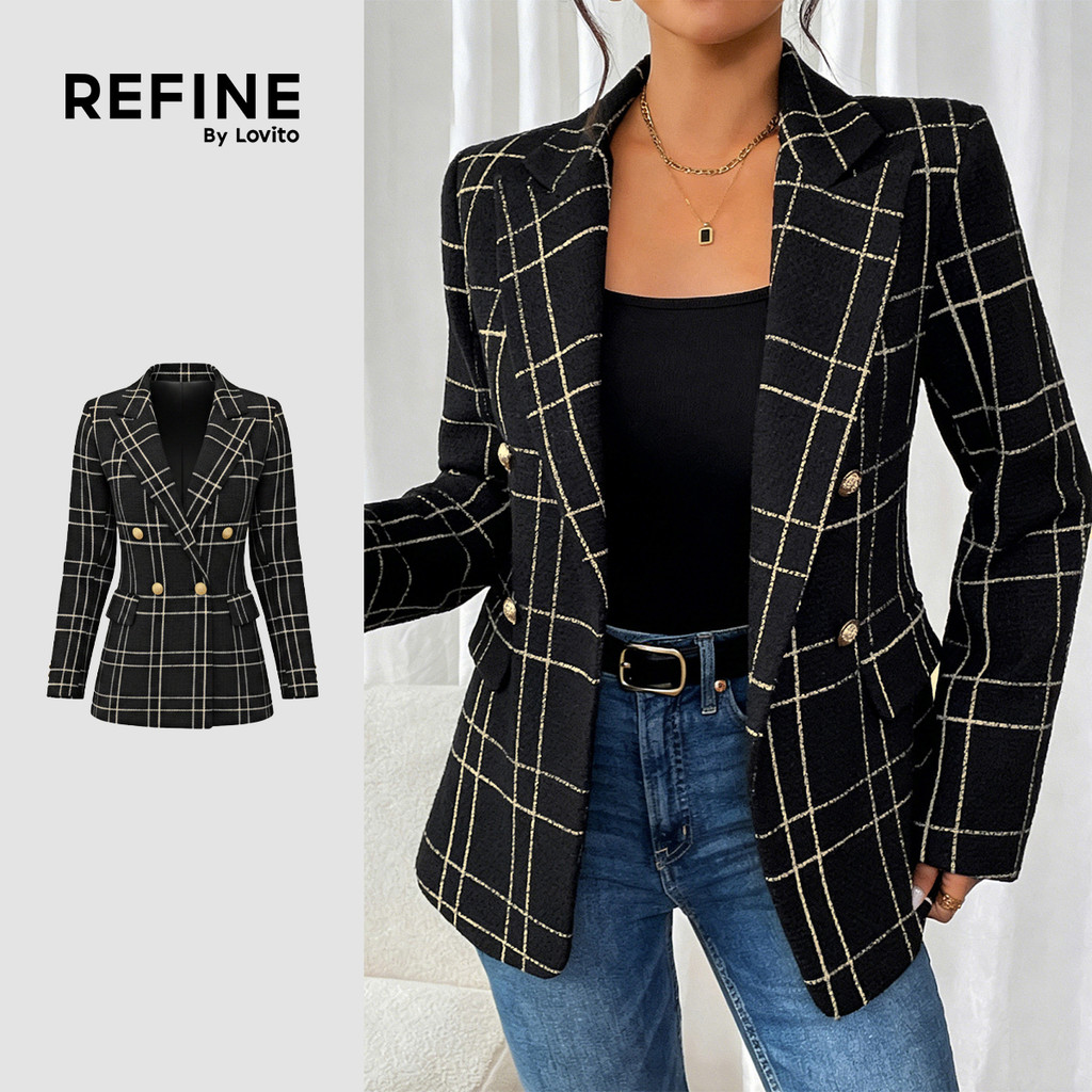 (Refine by Lovito) Elegante Blazer Botão Primavera/verão Blazer Preto para mulheres Trabalho LR38L112