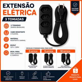 Extensão Elétrica 3 Tomadas 3 metros 5 metros 10 metros Bivolt Reforçado cabo prolongador de energia residencial
