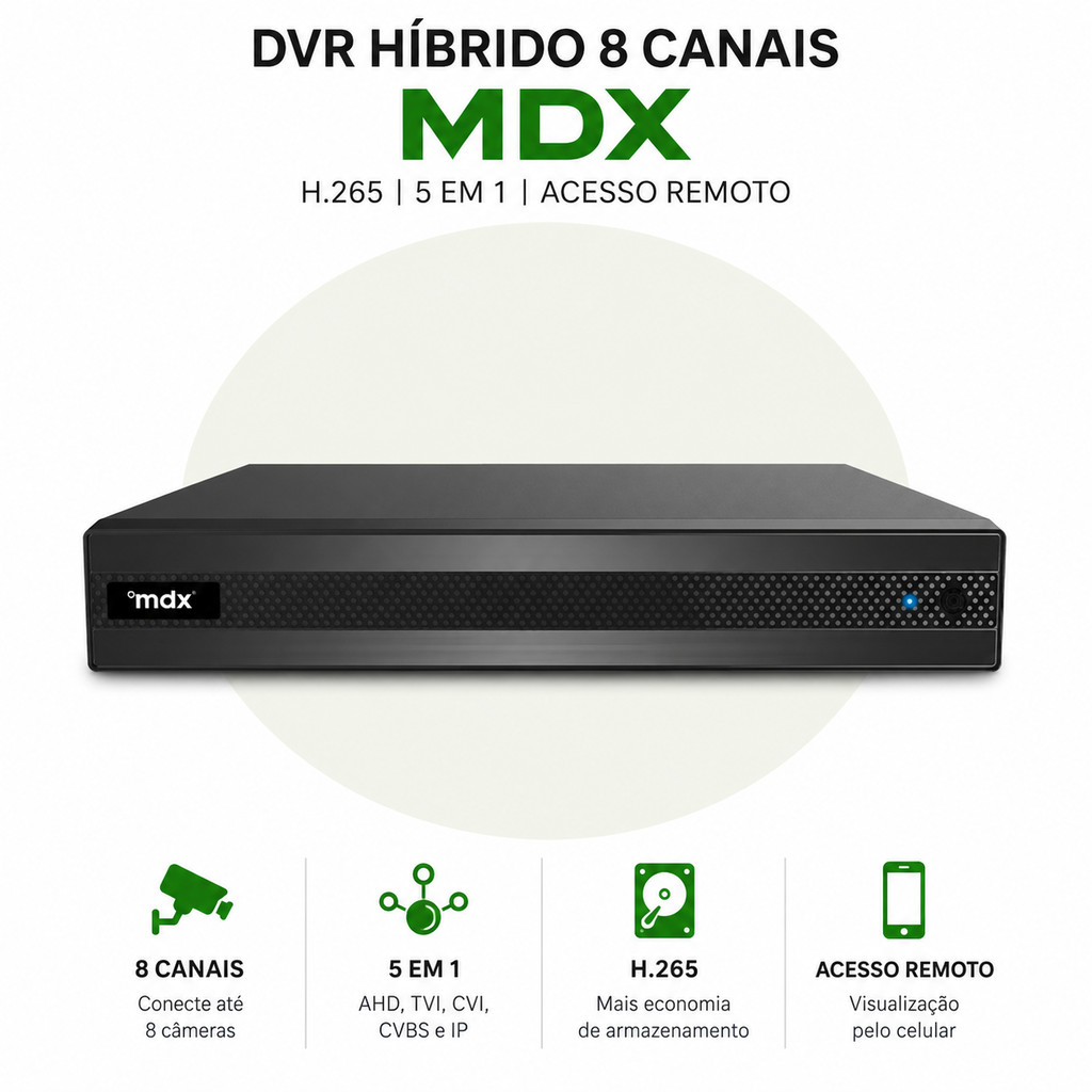 DVR MDX 8 Canais Compatível com Câmeras Intelbras e Outras Marcas AHD CVBS HDCVI HDTVI IP Acesso Remoto D08L11