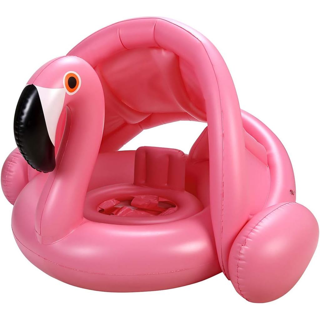 Boia Inflável para Bebê com Toldo, Boia de Natação Flamingo, Brinquedos de Proteção Solar para Bebês Meninas e Meninos,