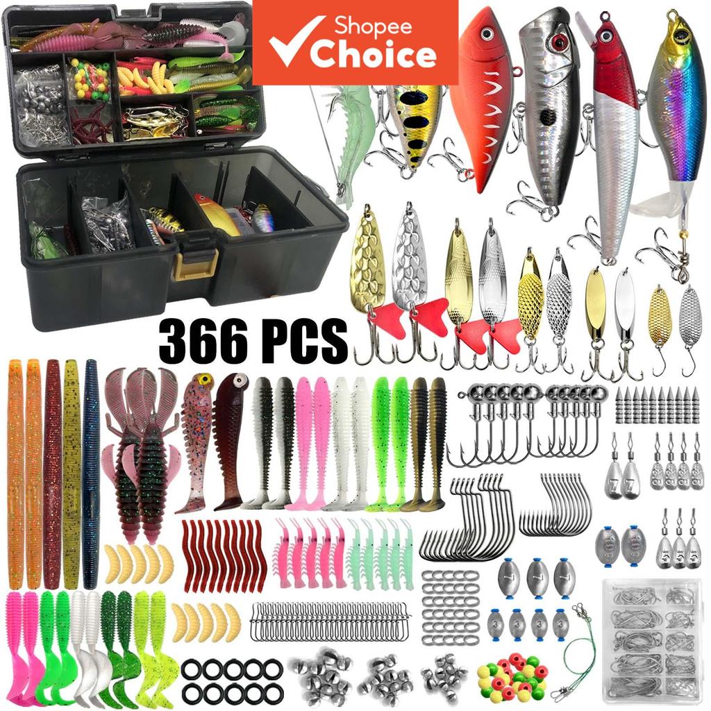 Kit de iscas de pesca, 87/137/366 peças, com caixa e bolsa de armazenamento, iscas macias e rígidas, anzóis, chumbadas,