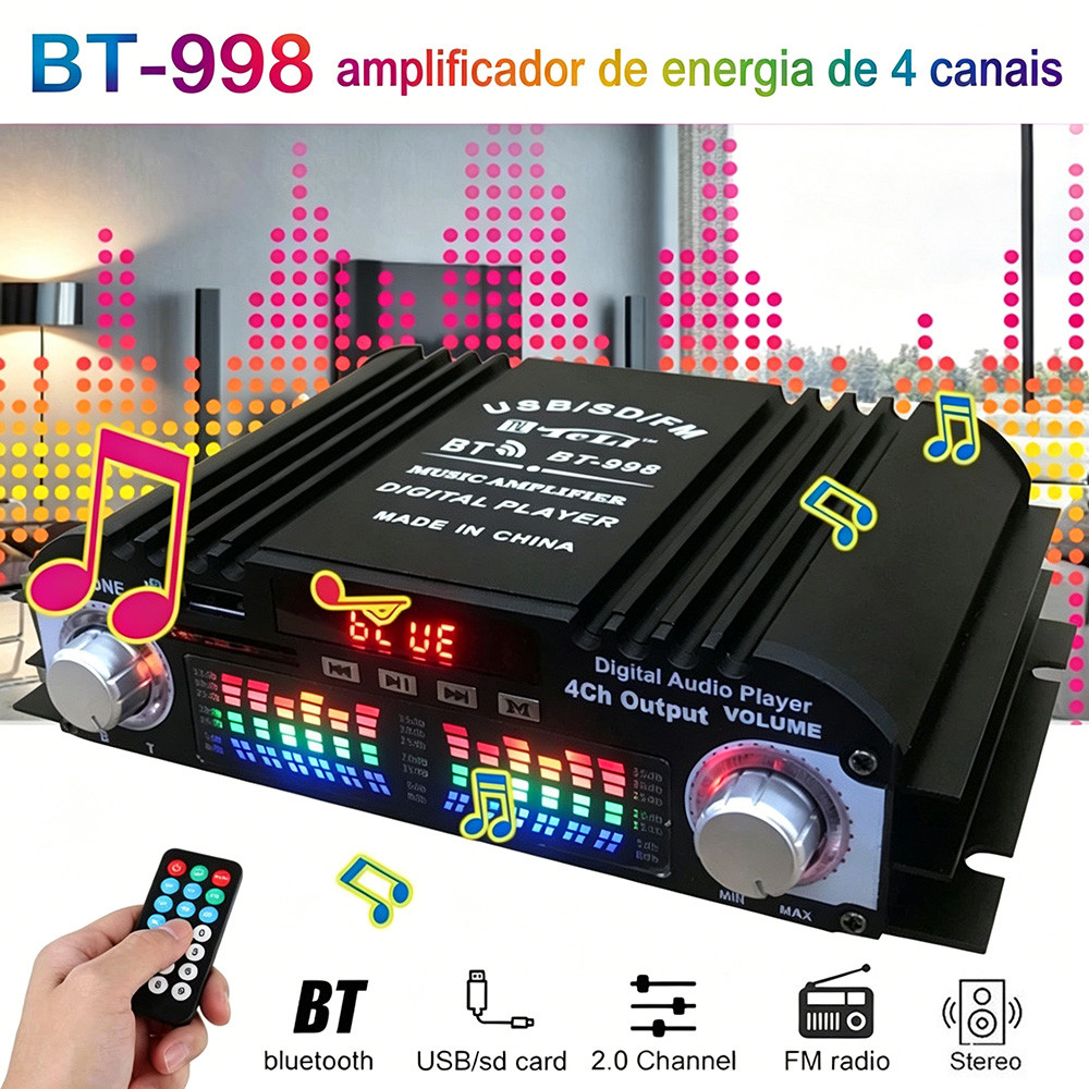12V Amplificador De Áudio Hifi De 4 Canais Bluetooth5.0 Usb Sd Aux BT-998 Player De Karaokê ALT