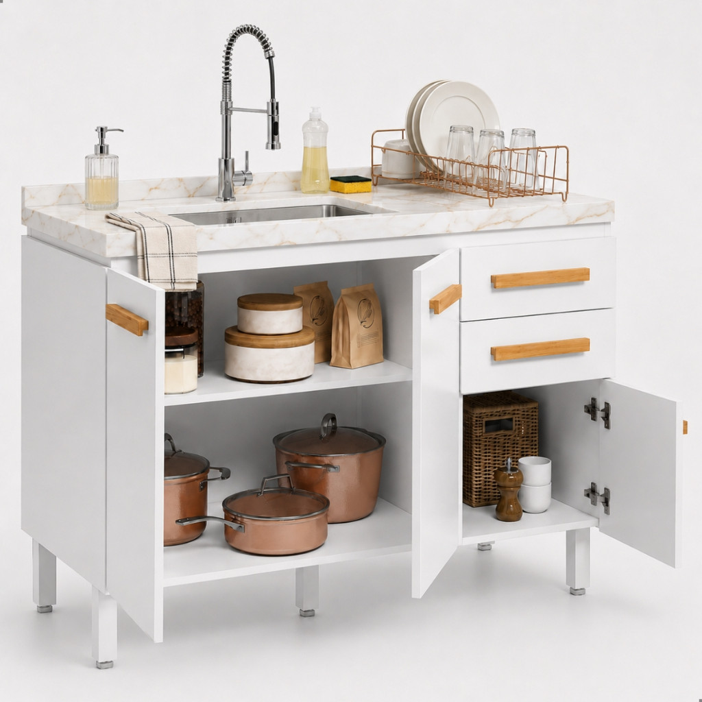 VÁRIAS CORES! Armário de Cozinha Gabinete Balcão Para Pia de 120cm Sem Tampo Compacto Com Pés em PS