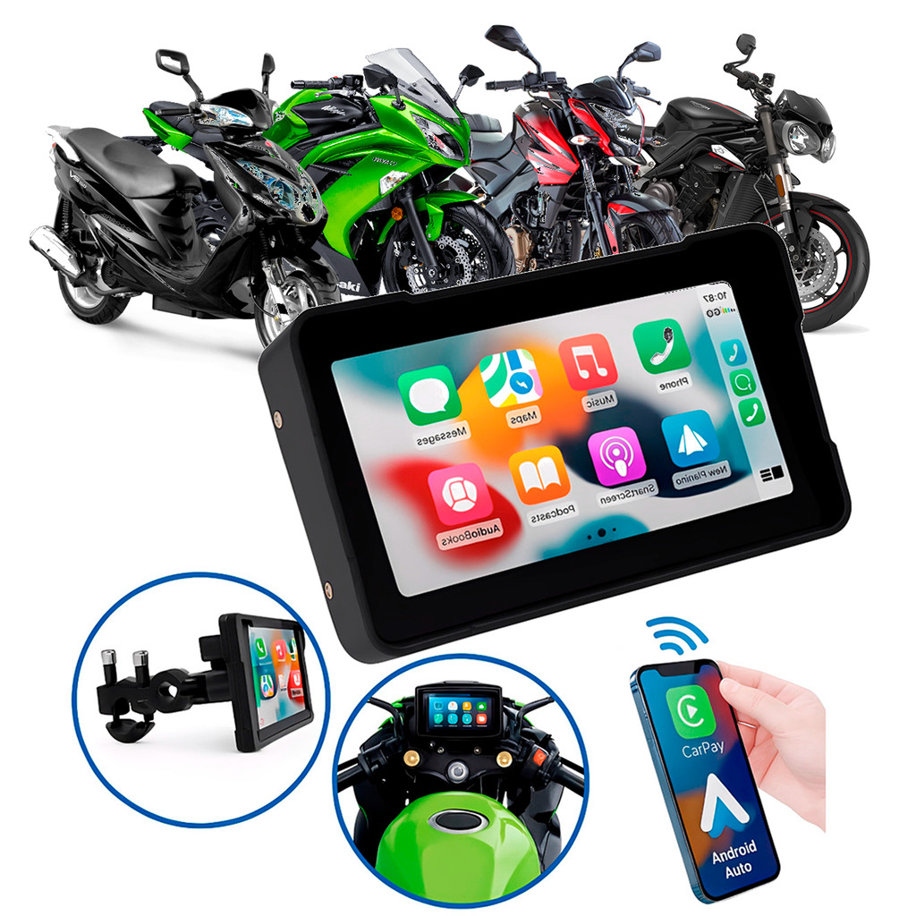 Multimídia Tela 5pol Mp5 Para Motos Bajaj Dominar 200 400 Pulsar N250 NS200 Com Carplay e Android Auto Bluetooth Sem Fio