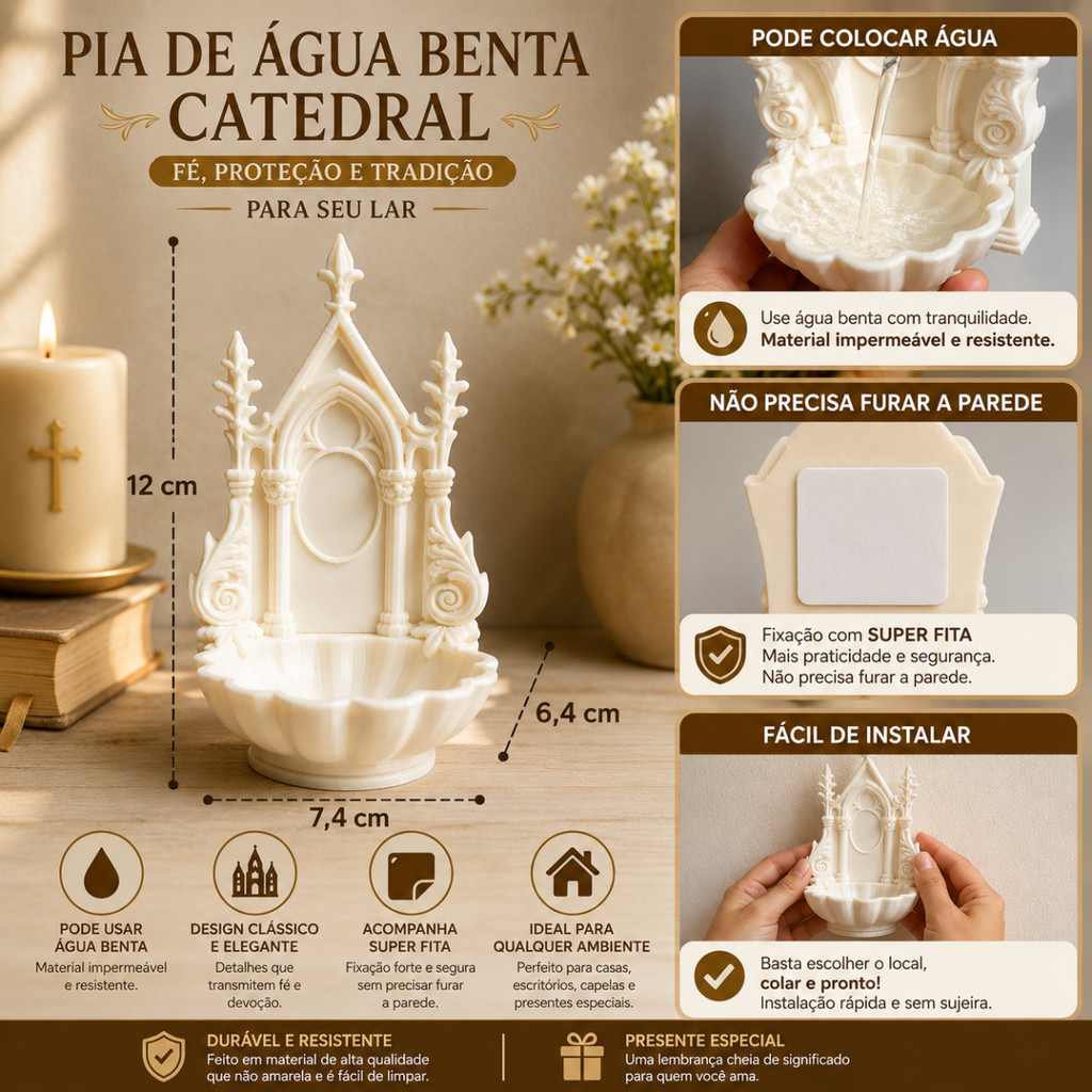 Pia Porta Água Benta Catedral Santos Catolicos Parede Mesa Decorativo Oração — imagem 2 de 2