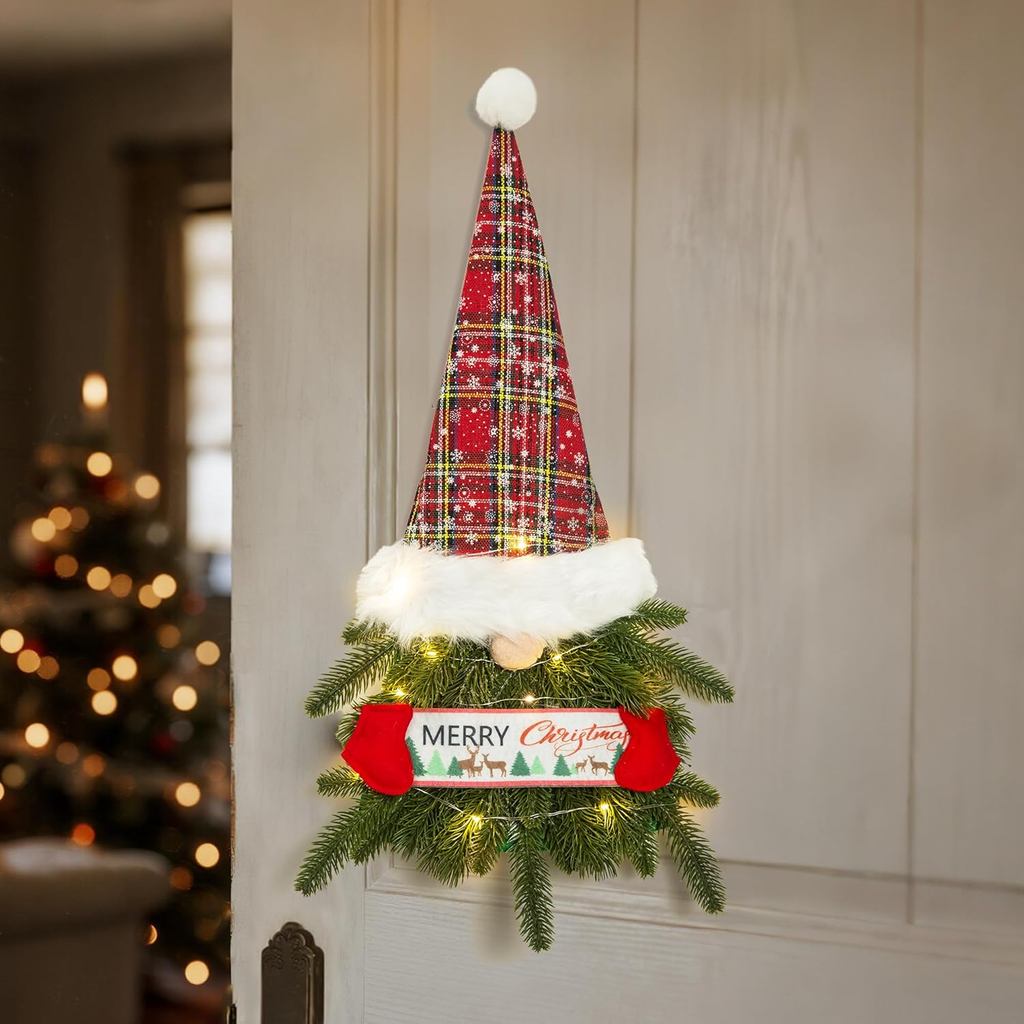 Guirlanda de Natal com Gnomo e Luzes, Gnomo de Papai Noel Suspenso para Porta da Frente, Decorações de Natal, Guirlanda