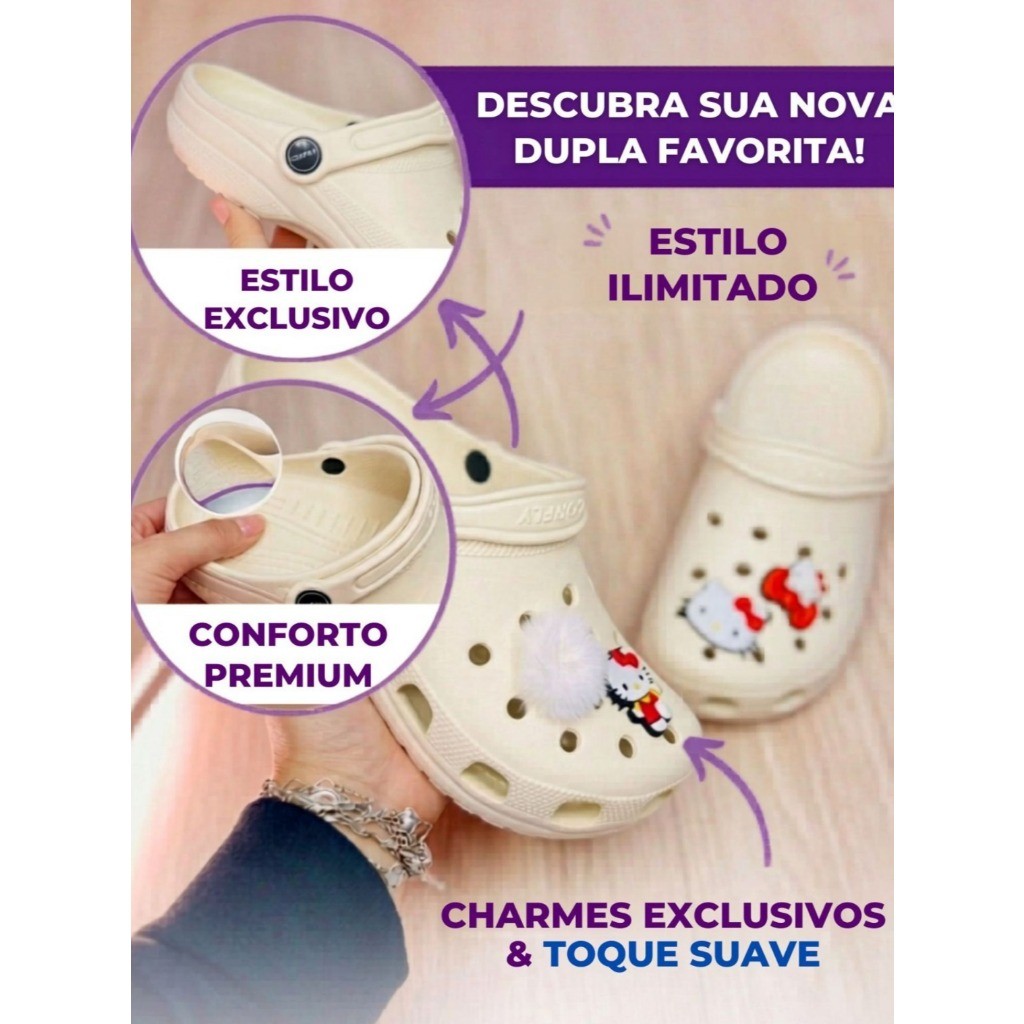 Calçado Babuche novo Hello Kitty em EVA confortavel e leve ideal para o dia a dia e sem plataforma com pins