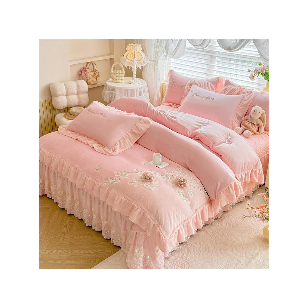 Coreano estilo princesa leite velo colcha capa de cama conjunto de quatro peças inverno engrossado flanela colcha capa m