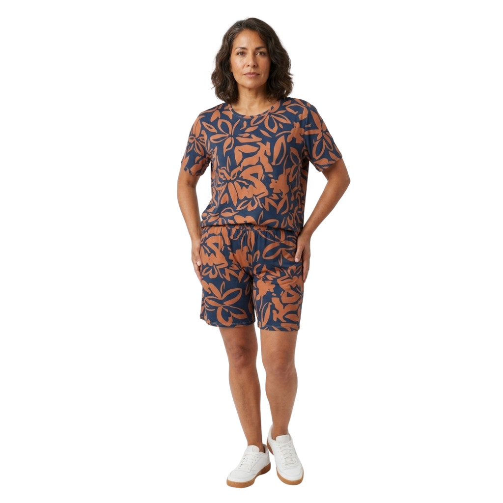 Conjunto Feminino Senhora Liganete Manga Estampado Verão Confortável Fresquinho Shorts Blusa