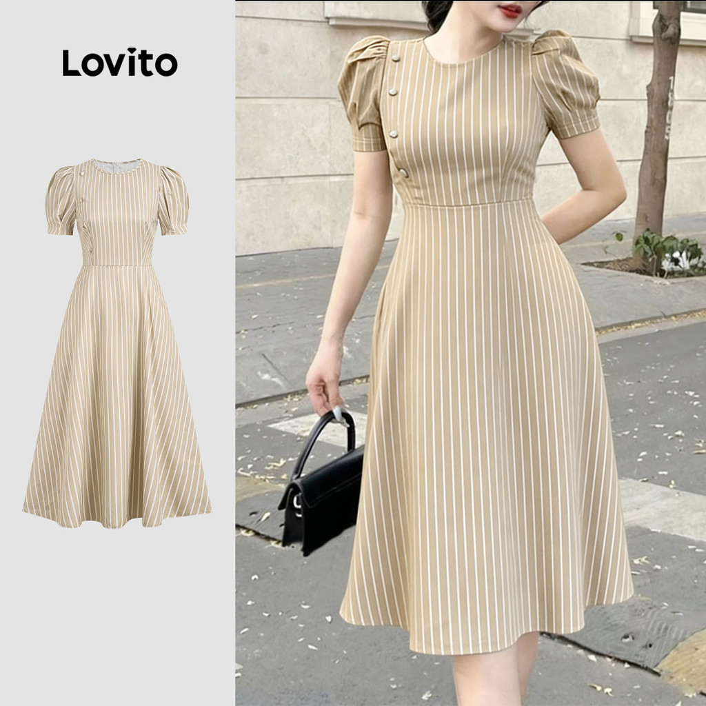 Lovito Vestido Casual com Linhas Botões e Babados Na Barra Vestido Caqui para Mu