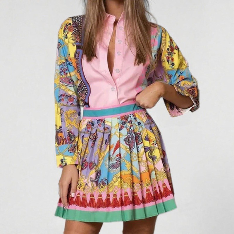 Mulheres Vintage Impresso Conjuntos De Duas Peças Primavera Outono Camisa De Manga Comprida Topo Plissado Mini Saia Tern