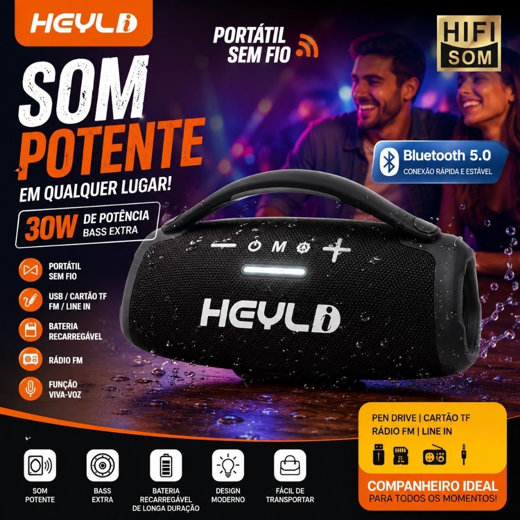 Caixa de Som Bluetooth Portátil HEYLD HY-418 30W RGB USB TF FM AUX Bateria 3000mAh