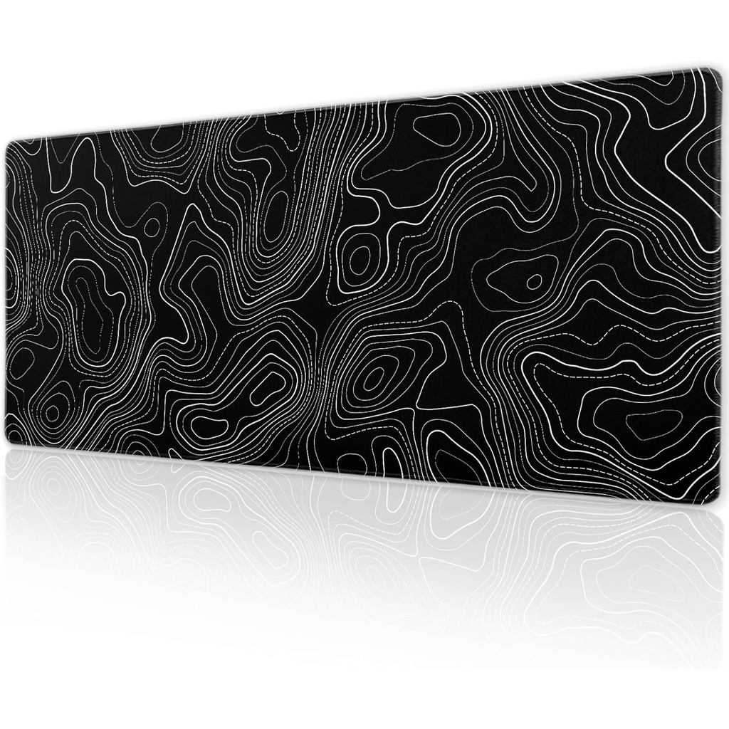 Mousepad Minimalista com Mapa Topográfico para Jogos, Tapete de Mesa XL 31,5×11,8 Polegadas, Contornos de Linhas Pretas,