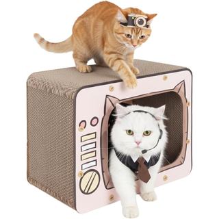 Cardboard Cat House with Scratch Pads, Durable 2-Story Corrugated Cat Scratcher Playhouse with Windows, Large Hideout fo