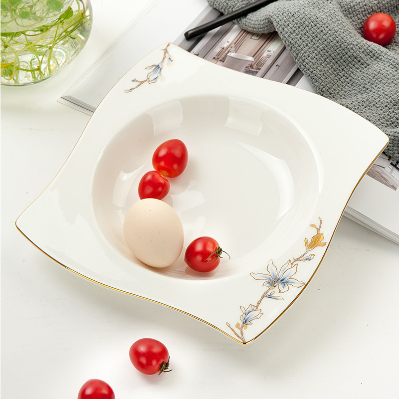 Jin Lanyu Tangshan osso China placa 9-Polegada prato de vegetais doméstico quadrado Phnom Penh prato de sopa mesa de mac
