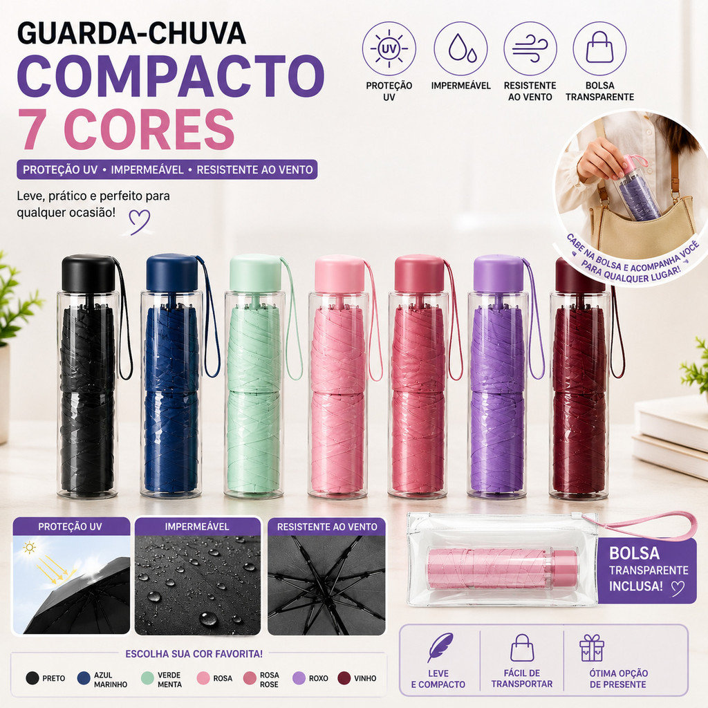 Guarda-Chuva Compacto 7 Cores Proteção UV Impermeável Resistente ao Vento Bolsa Transparente Premium