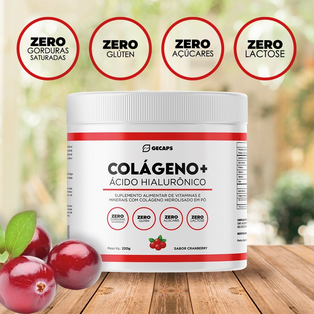 Colágeno Hidrolisado + Ácido Hialurônico Cramberry 300g | Zero Açúcar