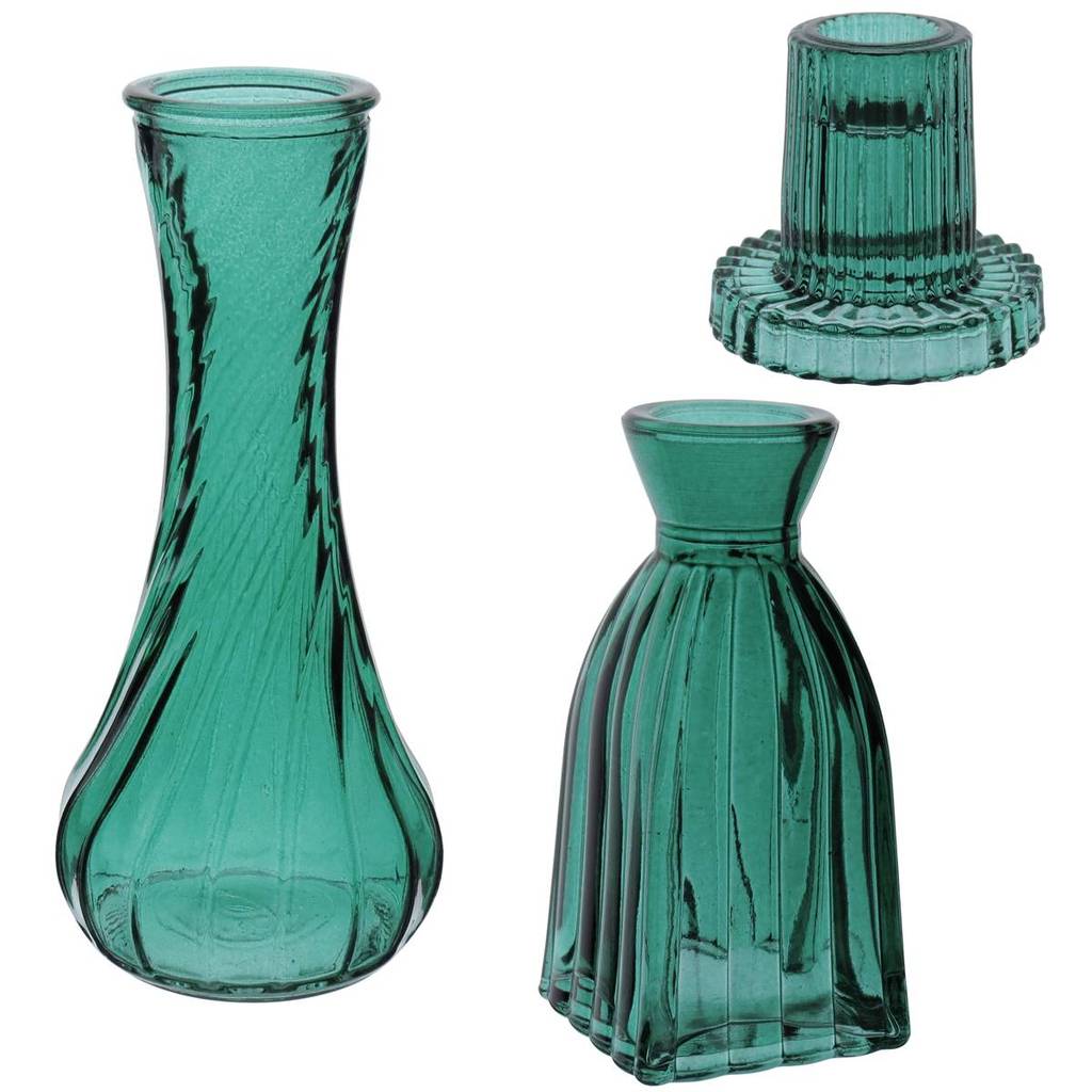 KIT 2 VASOS VASINHOS  GARRAFA E 1 CASTIÇAL PORTA VELA HOME&CO VIDRO TURQUESA DECORATIVO