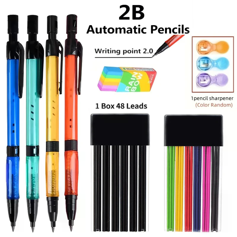 Conjunto De Lápis Mecânico De 2.0 Mm Com 2B Preto/Cores Leva Recargas Para Esboçar Arte Pintura Escrita Material De Pape