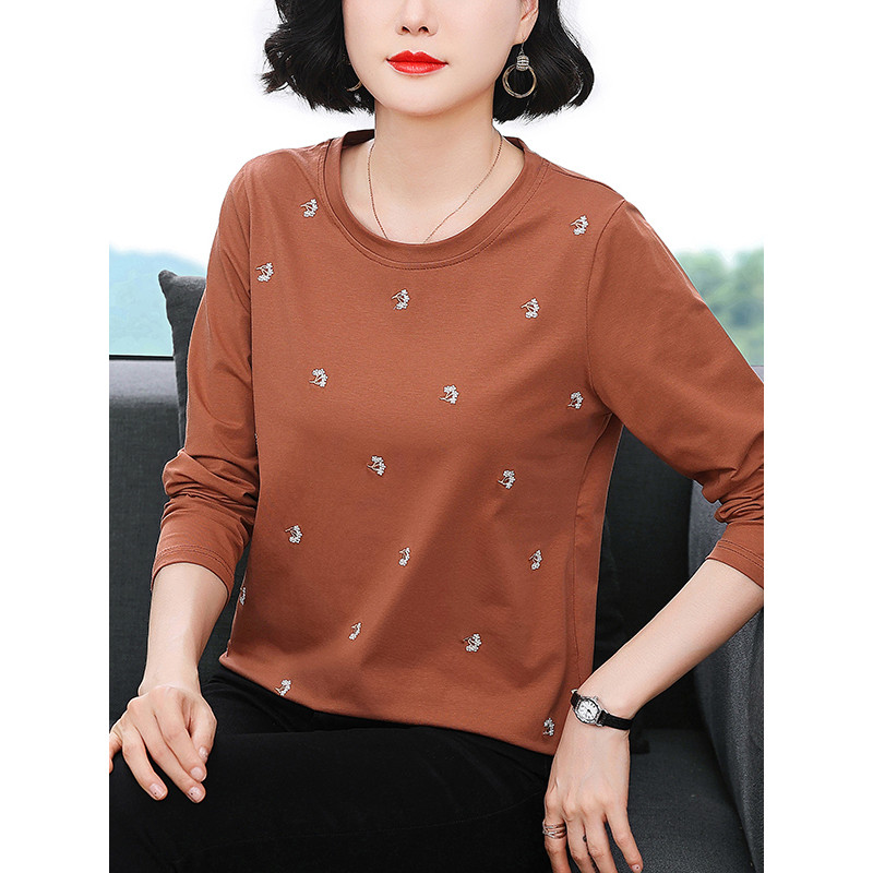 Camiseta feminina de algodão puro de manga comprida, estilo ocidental, redução de idade, tamanho grande, bordado, gola r