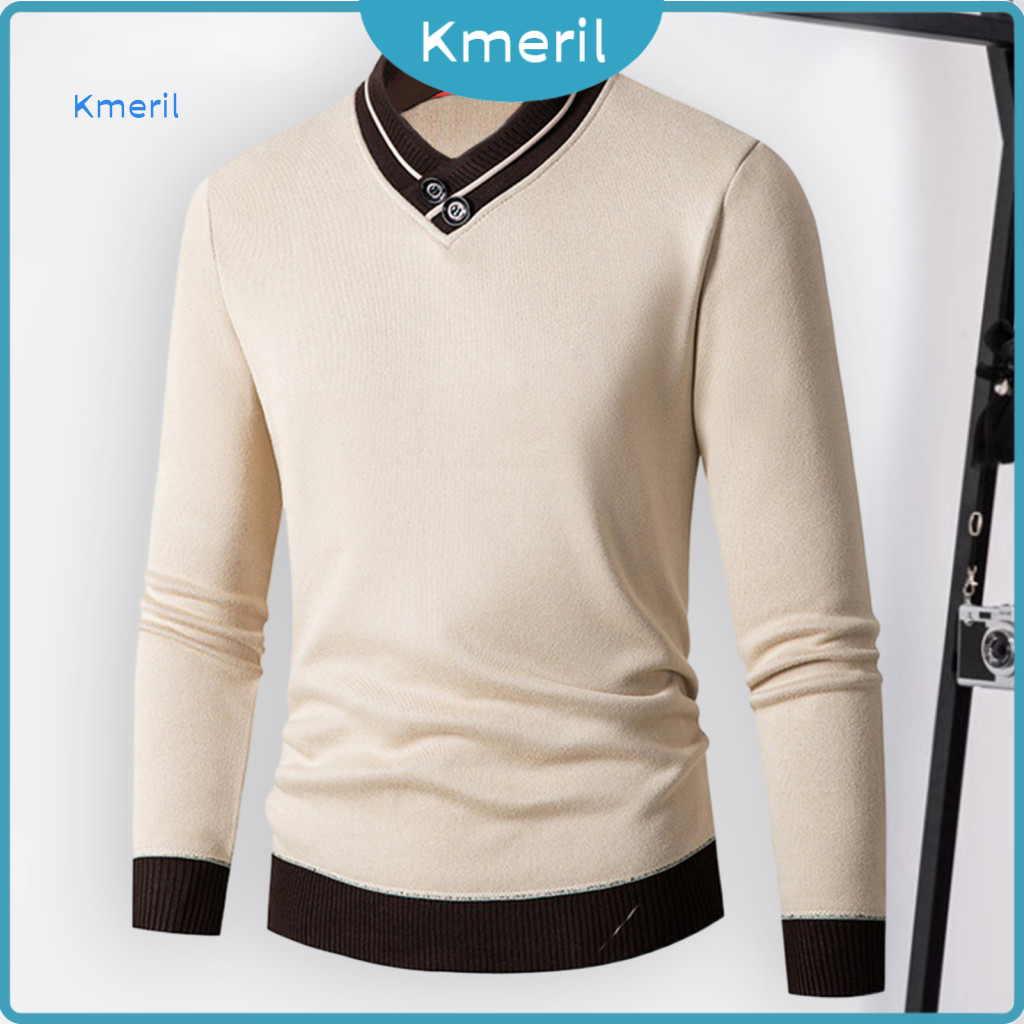 Fall Sweater Slim Fit Men’s Autumn Winter V Neck – Thick Elastic Warm Knitted Pullover Long Sleeve Thermal Underwear