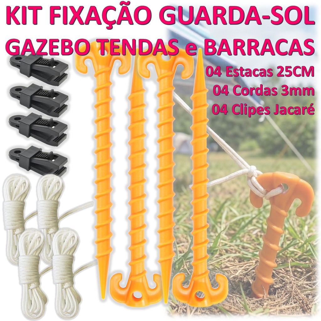 Kit 4 Estacas + 4 Cordas + 4 Garras Jacaré Ancoragem Tenda Gazebo Barraca Camping Laranja Resistente