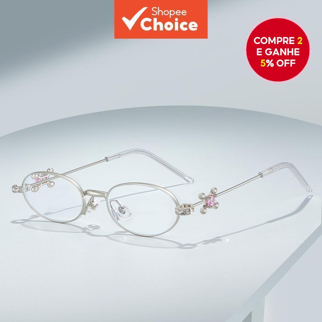 Óculos de armação pequena oval prateada estilo coreano, com strass brilhante e proteção contra luz azul.