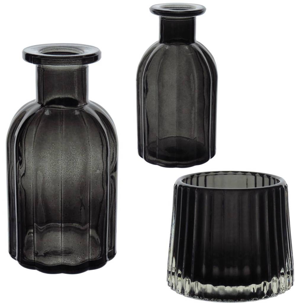 KIT 2 VASOS GARRAFA DECORATIVA E 1 CASTIÇAL PORTA VELA HOME&CO VIDRO FUMÊ
