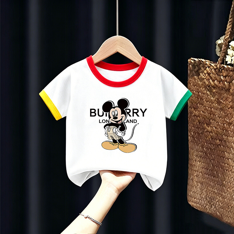 Cor-bloqueio borda contrastante dos desenhos animados Mouse impressão crianças de manga curta camiseta verão puro algodã