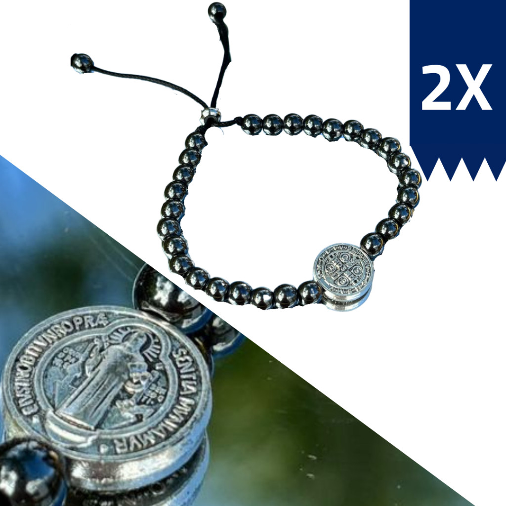 Kit 2x Terços de Pulso Masculino Hematita com Medalha de São Bento