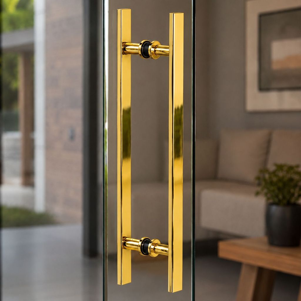 Puxador para Portas Duplo Reto Madeira/Vidro 50 cm Alumínio Dourado · foto 2
