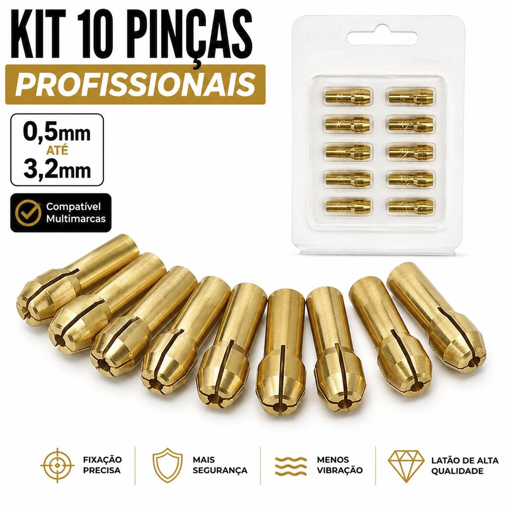 Kit Pinças para Micro Retífica 0,5mm a 3,2mm com 10 Peças em Latão Charbs Profissional