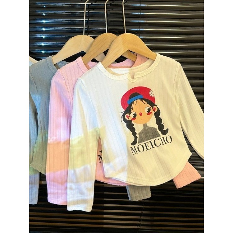 Primavera outono novo estilo moda estilo coreano meninas camiseta de manga comprida crianças quente Bottoming em torno d