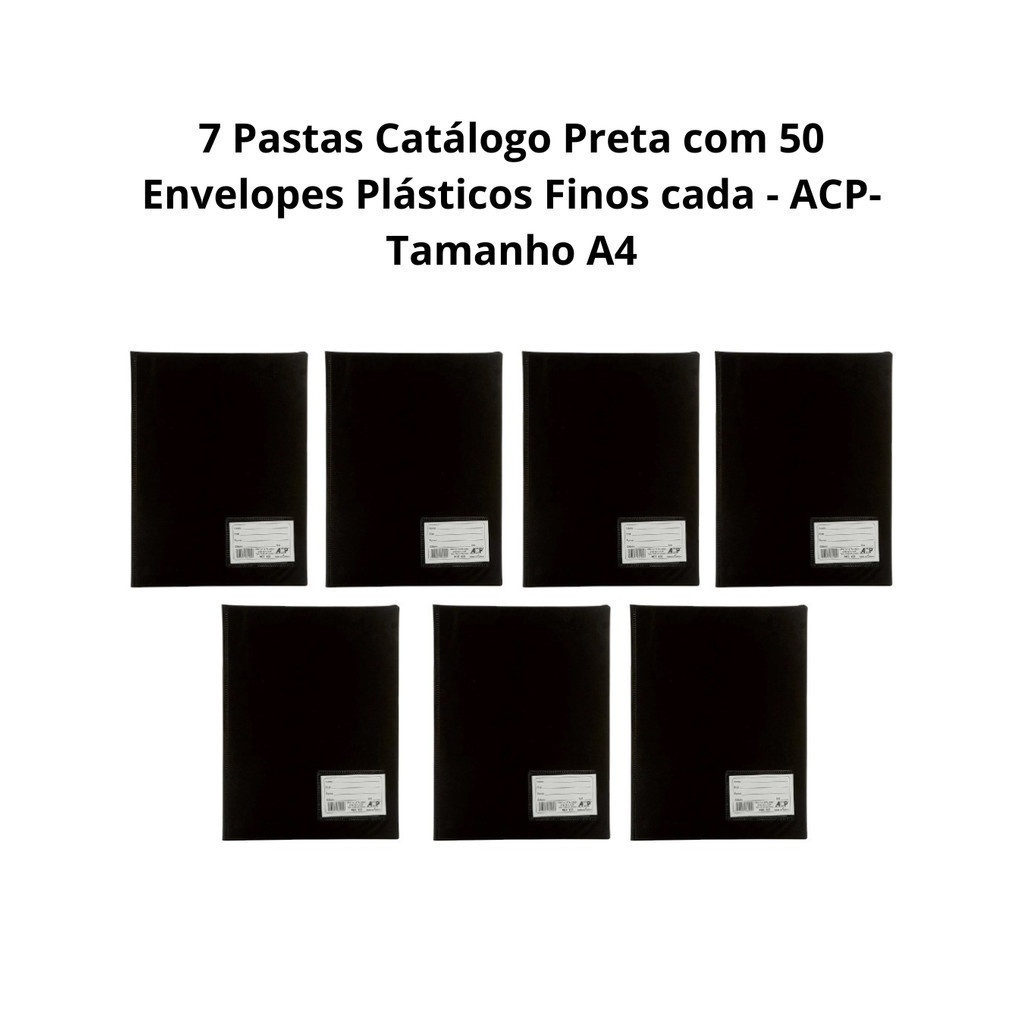 7 Pastas Catálogo Preta com 50 Envelopes Tamanho A4 Plásticos Finos cada - ACP