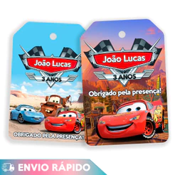 TAG Personalizavel CARROS, Relampago McQueen, KIT com 30 e 60 unidades etiquetas com furo