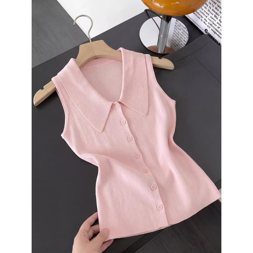 High-End gola polo rosa colete de malha feminino verão novo estilo pequeno exterior Wear fino-ajuste lapela colete topo