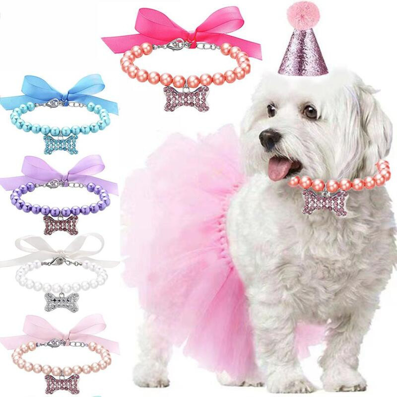 Bonito Animal De Estimação Pérola Colar Arco Gato Cão Diamante Osso Do Pingente Gravata Ajustável Jóias Para Animais