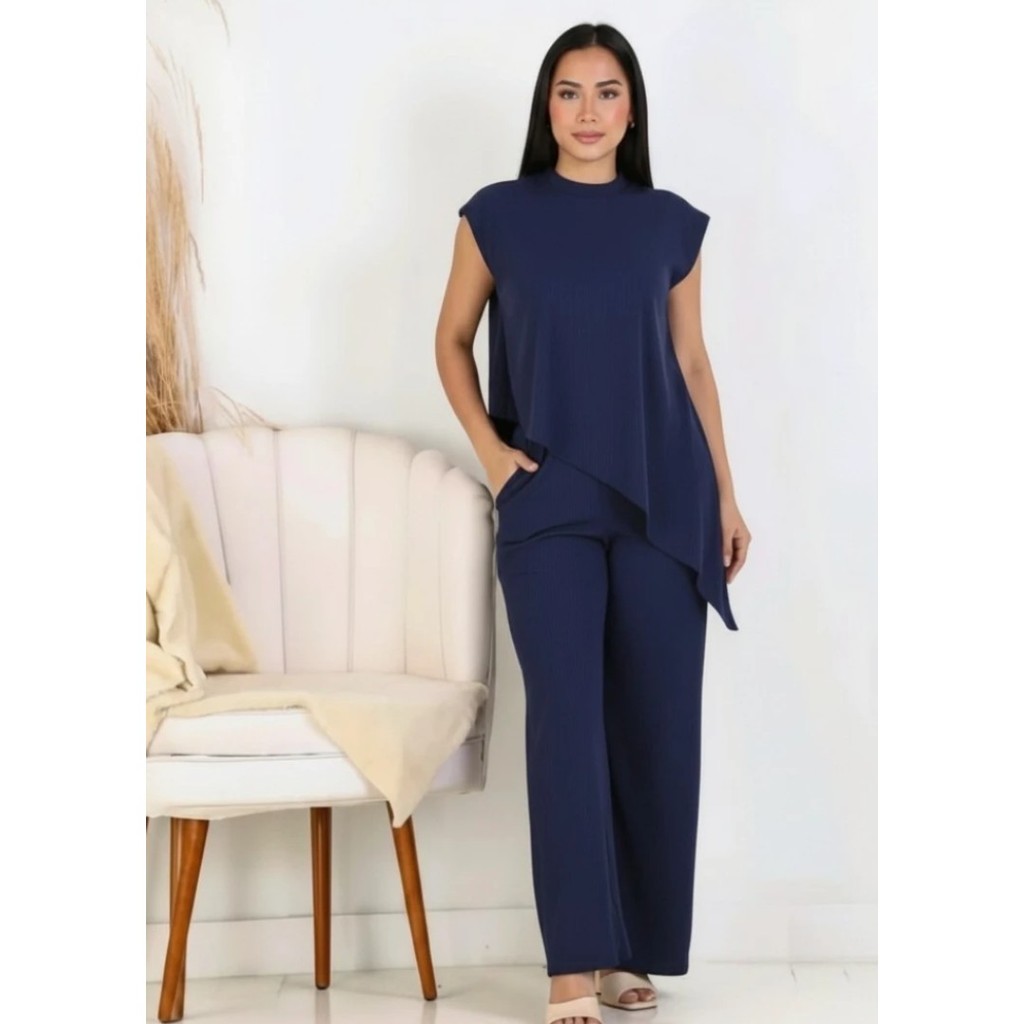 Conjunto Feminino Anarruga Assimétrico Calça Pantalona Elegante Sensual Casual