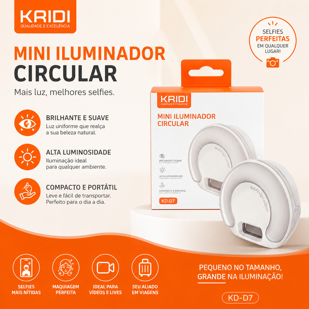Mini Iluminador Circular KAIDI KD-D7 – Luz Selfie 9 Níveis, 3 Cores, Recarregável, Clipe para Celular