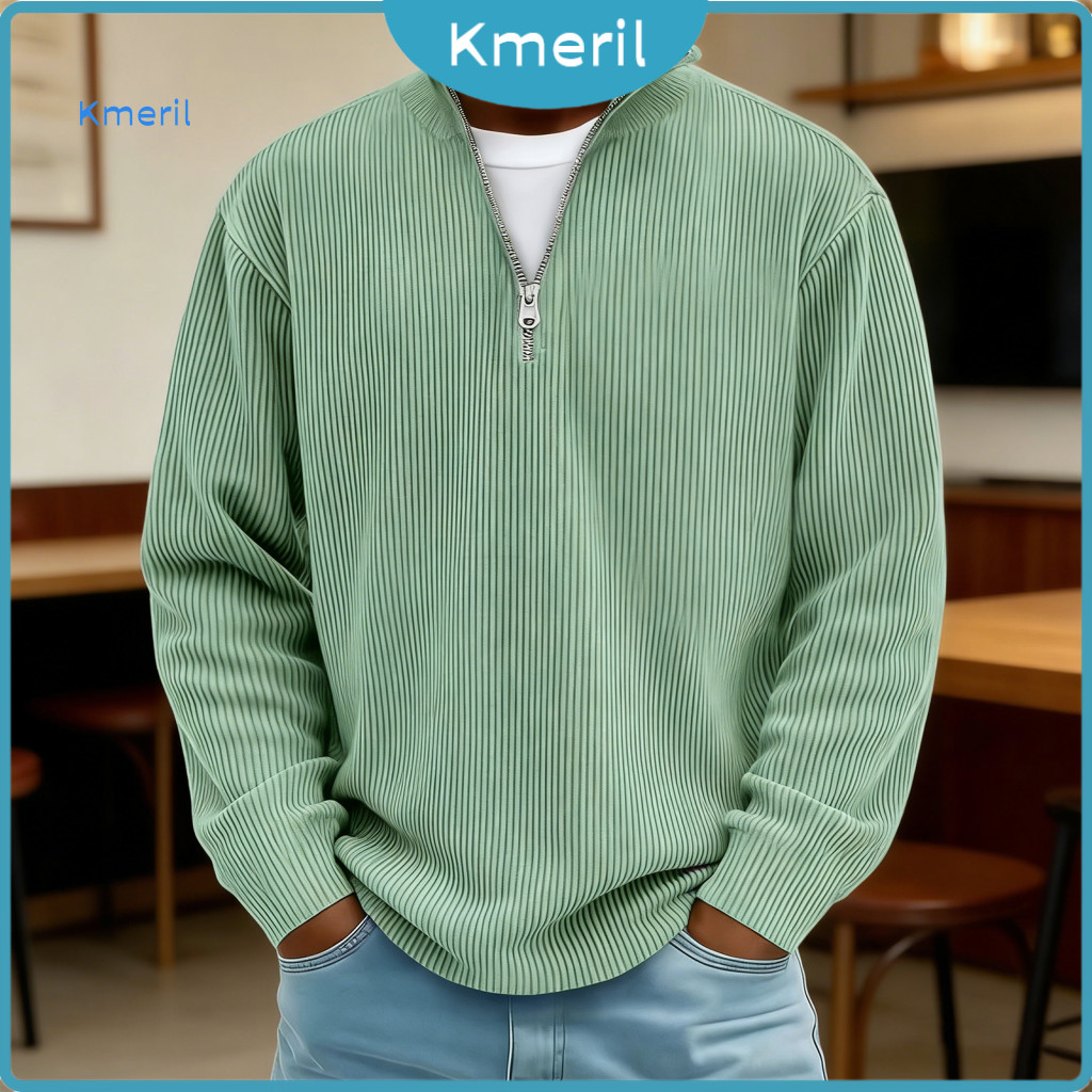Ribbed Men Sweatshirt Quarter Zip Pullover Men's Long Sleeve Stand Collar Solid Color Casual Loose Fit Top for Office Gy